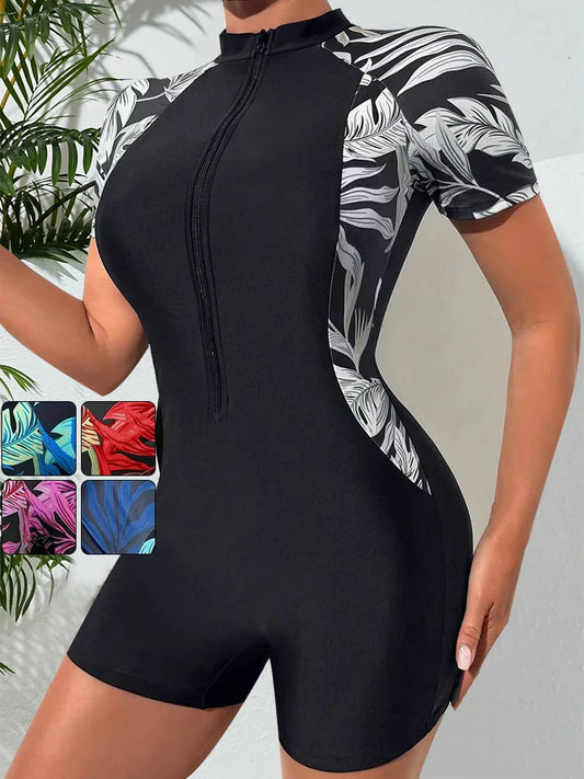 One Piece Floral Swimwear Swim Suit Women Short Sleeve Swimsuit Zip Front Tropical Plant Surfing Sun Protection（No built-in bra）