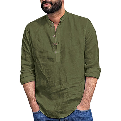 Spring Men's Shirt with Long Sleeves Stand Collar Cotton Linen Black Casual Street White Top Button Summer Fashion Blouses