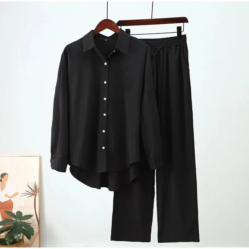 2024 New Style Amazon Autumn/Winter Cotton Linen Solid Color Loose-Fit Shirt Wide-Leg Trousers Casual Suit For Women