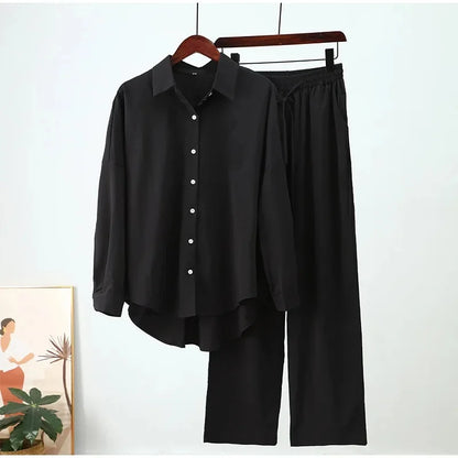 2024 New Style Amazon Autumn/Winter Cotton Linen Solid Color Loose-Fit Shirt Wide-Leg Trousers Casual Suit For Women