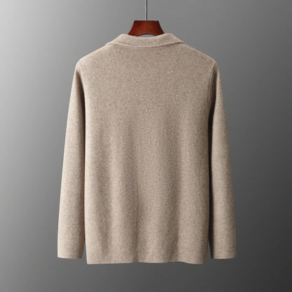 Autumn Winter New 100% Merino Wool Men's Suit Collar Knitted Cardigan Thickened Solid Color Suit Shirt Cashmere Sweater Jacket