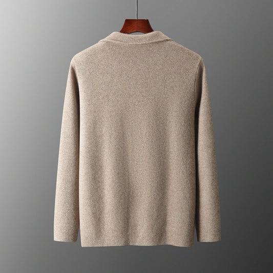 Autumn Winter New 100% Merino Wool Men's Suit Collar Knitted Cardigan Thickened Solid Color Suit Shirt Cashmere Sweater Jacket