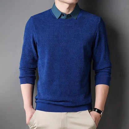 Autumn Winter New Fake Two Piece Shirt Collar Sweater Men Long Sleeved Solid Trendy Button Screw Thread Korean Slim Pullover Top