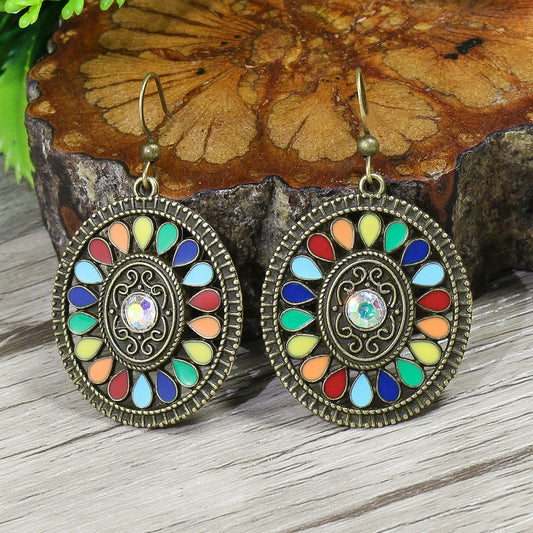 Boho Colorful Flower Round Drop Earrings for Women Vintage Gold Plated Crystal Inlaid Earrings Bridal Wedding Party Jewelry Gift