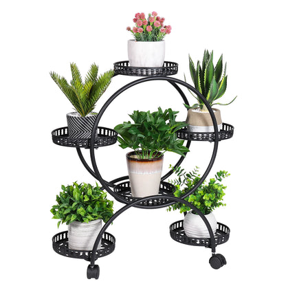 unho 6 Potted Metal Plant Stand Garden Cart Wrought Iron Flower Pots Rack Holder Display Shelf with Wheels for Patio Porch