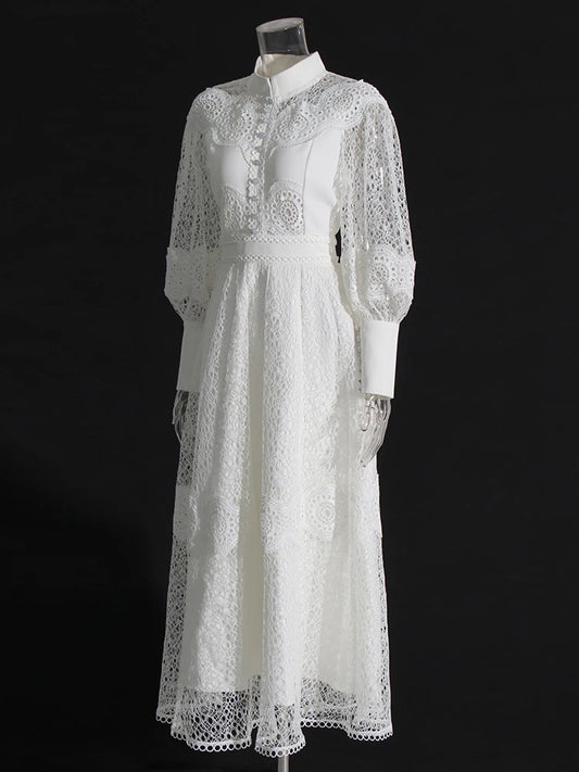 Hollow Out Patchwork Embroidery Stand Collar Lantern Sleeve High Waist Elegant Dresses For Women