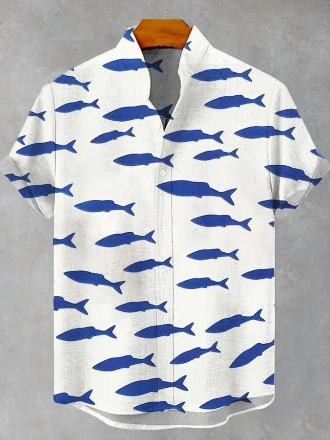 2025 men's new retro style fish pattern print men's casual linen comfortable fabric short sleeved shirt button top