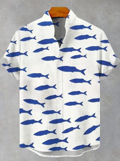 2025 men's new retro style fish pattern print men's casual linen comfortable fabric short sleeved shirt button top