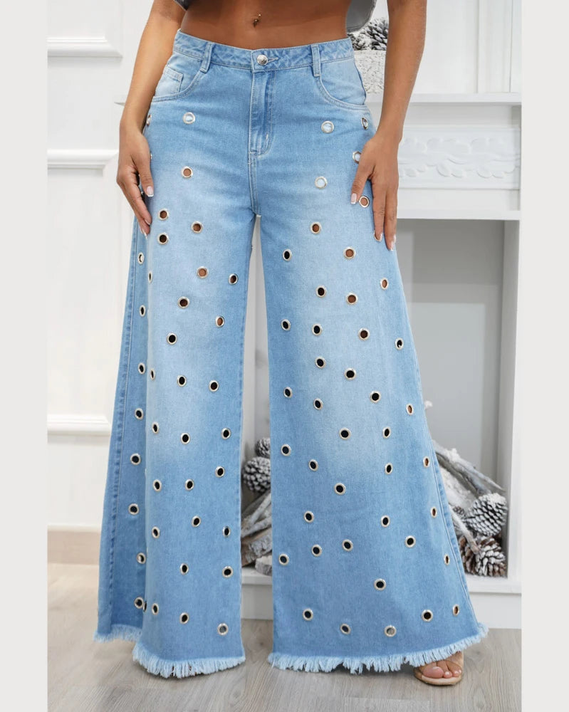 Y2k Streetwear Blue Jeans Woman Pants loose Wide leg pants Fashion designed Casual Denim Trousers Hole jeans 2024