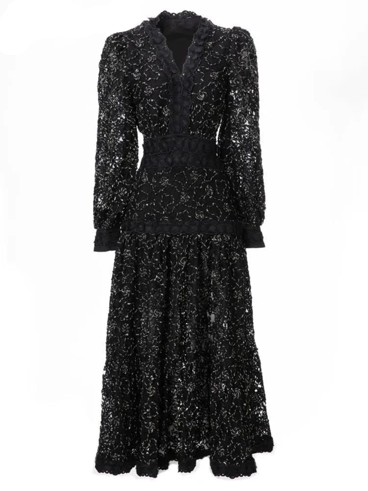Hollow Out Embroidery Spliced Lantern Long Sleeve Black Big Swing  Lace Party Dresses For Women