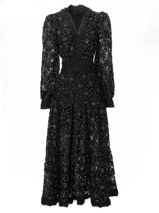 Hollow Out Embroidery Spliced Lantern Long Sleeve Black Big Swing  Lace Party Dresses For Women