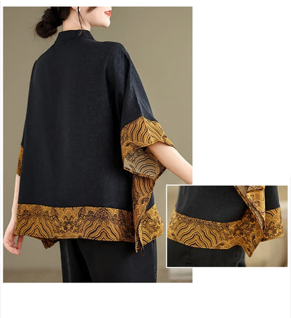 Mulberry Silk Chinese Style T-shirt for Women Spring Summer Fashion Vintage Patchwork Half Sleeve Cloud Embroidery Female Blouse