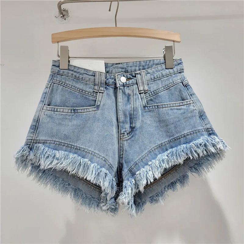 Raw Denim Shorts Women's Jeans New High-waisted Tassel Design A-line Wide-leg Hot Pants Booty Shorts