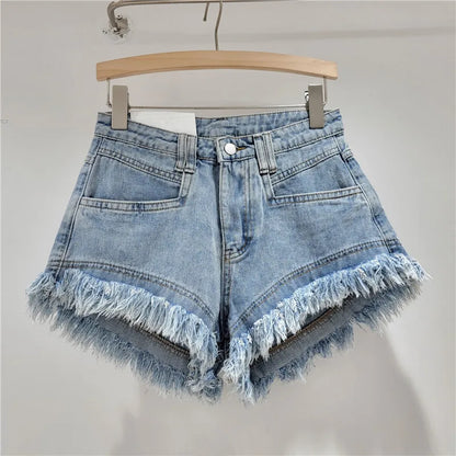 Raw Denim Shorts Women's Jeans New High-waisted Tassel Design A-line Wide-leg Hot Pants Booty Shorts