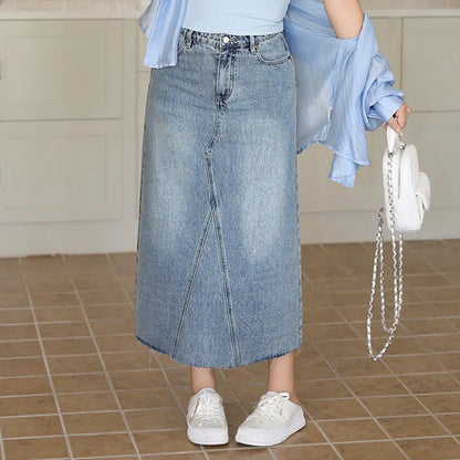 Women's Plus Size Retro High Waist Straight Denim Skirt With Back Slit Premium Casual Spring Summer Mid-Length Skirt