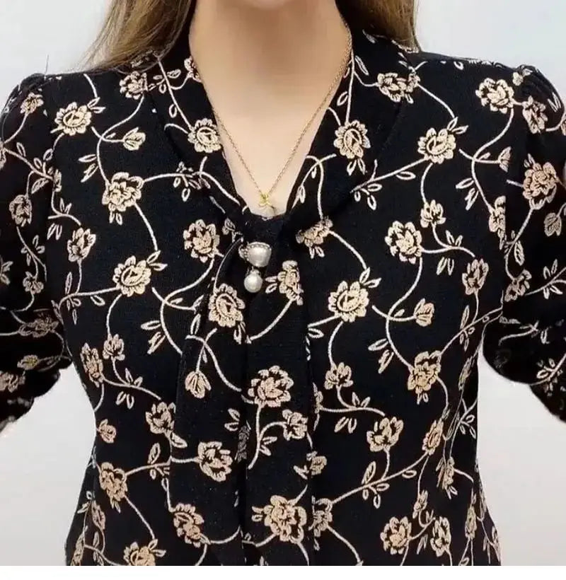 Female Clothing Wave Printed V-Neck Shirt Bandage Spring Autumn New Diamonds Chic Pearl Three-dimensional Decoration Blouse 2025