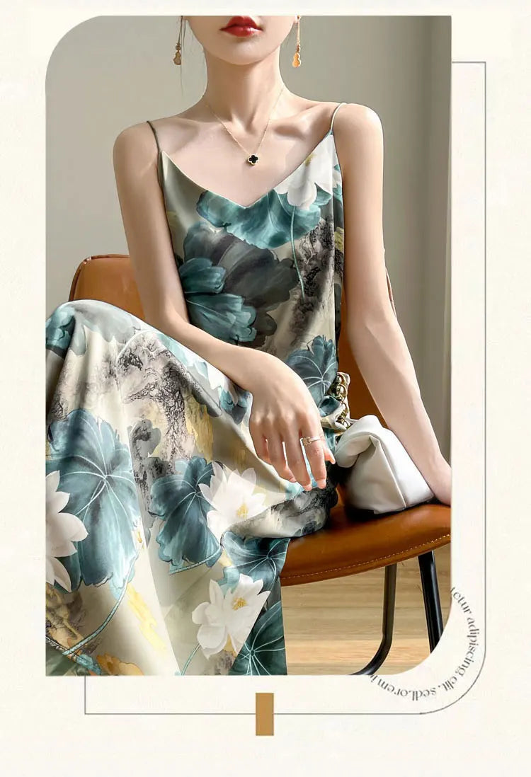 2024 Spring and Summer New Women's Dress Colorful Flower Suspender Skirt Satin Silky Dress Cool and Comfortable