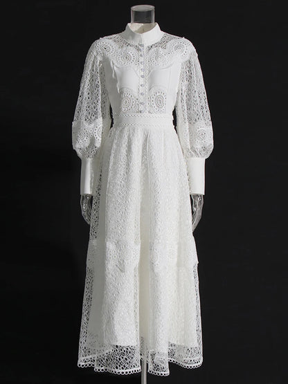 Hollow Out Patchwork Embroidery Stand Collar Lantern Sleeve High Waist Elegant Dresses For Women