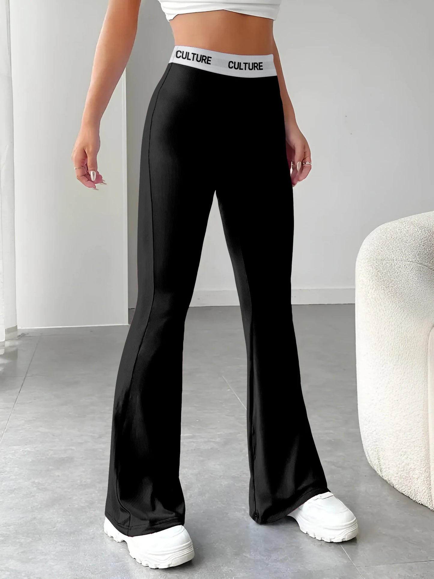 Women's Trousers Solid Colour Flared Pants Printed Webbing High Waist Slim Women's Pants New Fashion Female Clothing