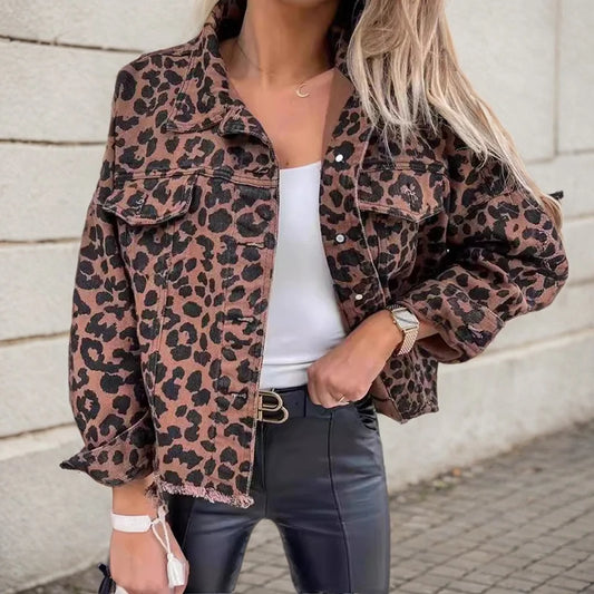 Leopard Print Tassel Hem Single-breasted Jacket  Casual Pockets Ripped Denim Outwear Jackets
