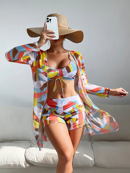 Summer Print Swimsuits Tankini Sets Female Swimwear Push Up For Beach Wear Three-Piece Bathing Suits Pool Women's Swimming Suit