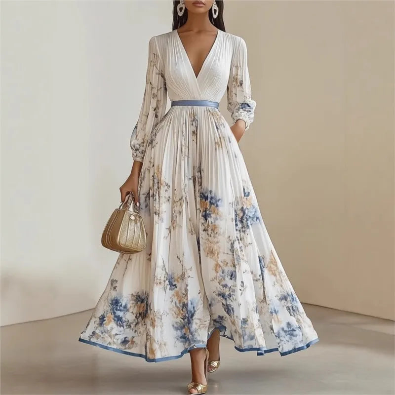 Fashion Floral Print Patchwork Bohemian Dress Woman Sexy Deep V Neck Hollow Long Dresses New Spring Puff Sleeve Loose Maxi Dress