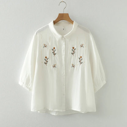 Women's clothing summer 2025 novelty short sleeve lapel white embroidery shirts and blouses stylish stylish women's blouse