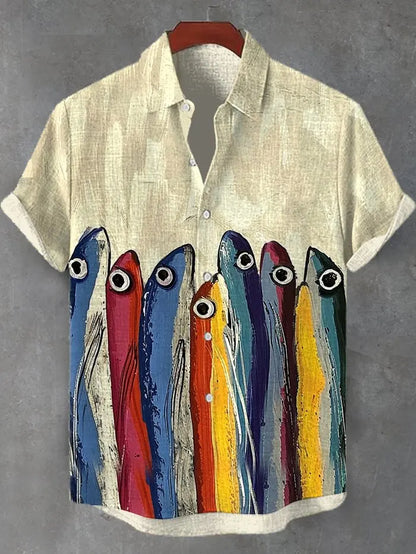 2025 men's new retro style fish pattern print men's casual linen comfortable fabric short sleeved shirt button top