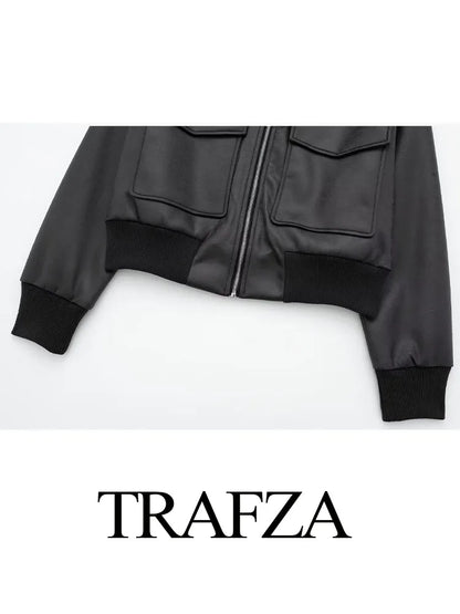 TRAFZA Winter Short Coats Woman Trendy Black Turn-Down Collar Long Sleeves Pockets Zipper Female High Street Thick Jackets