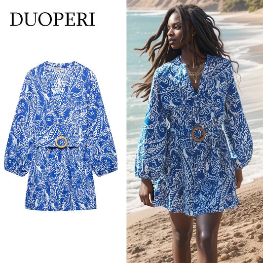 DUOPERI Women With Belt Printed Mini Dress Single Breasted V-Neck High Female Elegance Chic Lady Long Sleeves Dresses