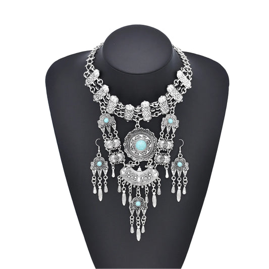 Retro Gypsy Tribal Ethnic Costumes Necklace Earrings Set Boho Afghan Leaf Flower Moon Coins Chokers Statement Jewelry for Women
