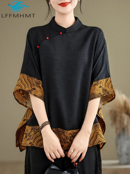 Mulberry Silk Chinese Style T-shirt for Women Spring Summer Fashion Vintage Patchwork Half Sleeve Cloud Embroidery Female Blouse