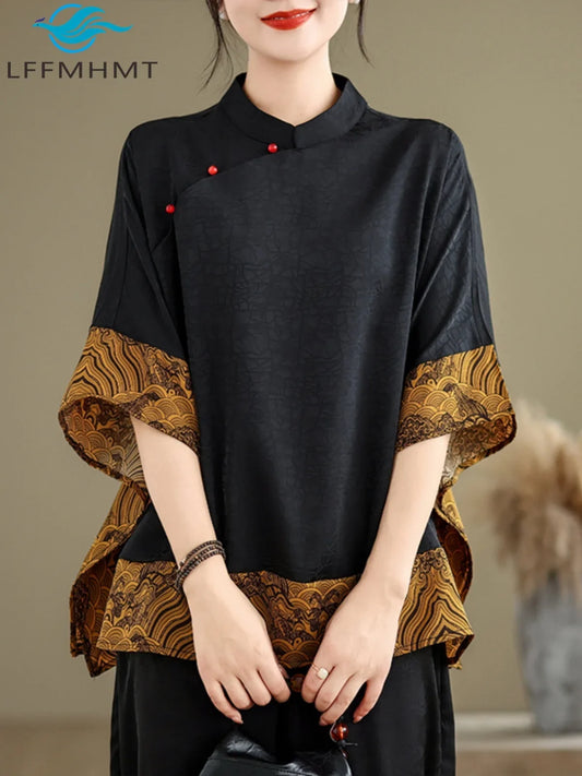 Mulberry Silk Chinese Style T-shirt for Women Spring Summer Fashion Vintage Patchwork Half Sleeve Cloud Embroidery Female Blouse
