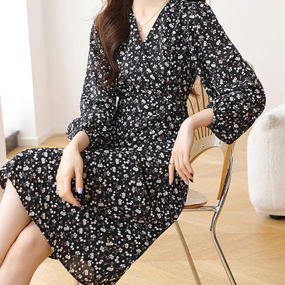 EVNISI Women V-neck Floral Printing Chiffon Dress Chic Slim Office A-line Dresses Long sleeves Women Party Vestido 2024 Autumn