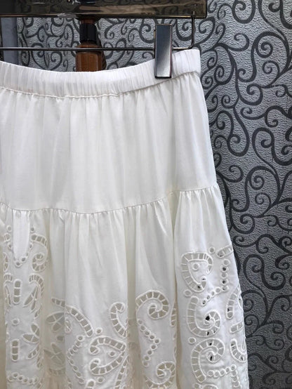 New 2025 Spring Long Skirt High Quality Women Elastic Waist Hollow Out Embroidery Luxury Cotton Linen Long Maxi White Skirts