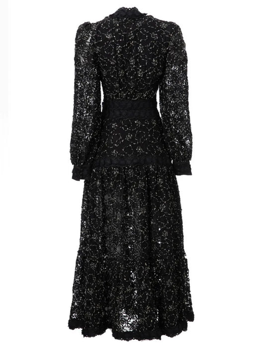 Hollow Out Embroidery Spliced Lantern Long Sleeve Black Big Swing Lace Party Dresses For Women