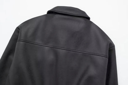 TRAFZA Winter Short Coats Woman Trendy Black Turn-Down Collar Long Sleeves Pockets Zipper Female High Street Thick Jackets