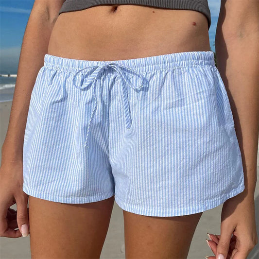 Casual Striped Shorts Women y2k Clothing Drawstring Elastic Waist Loose Fit Wide Leg Bottoms 2000s Aesthetic Streetwear