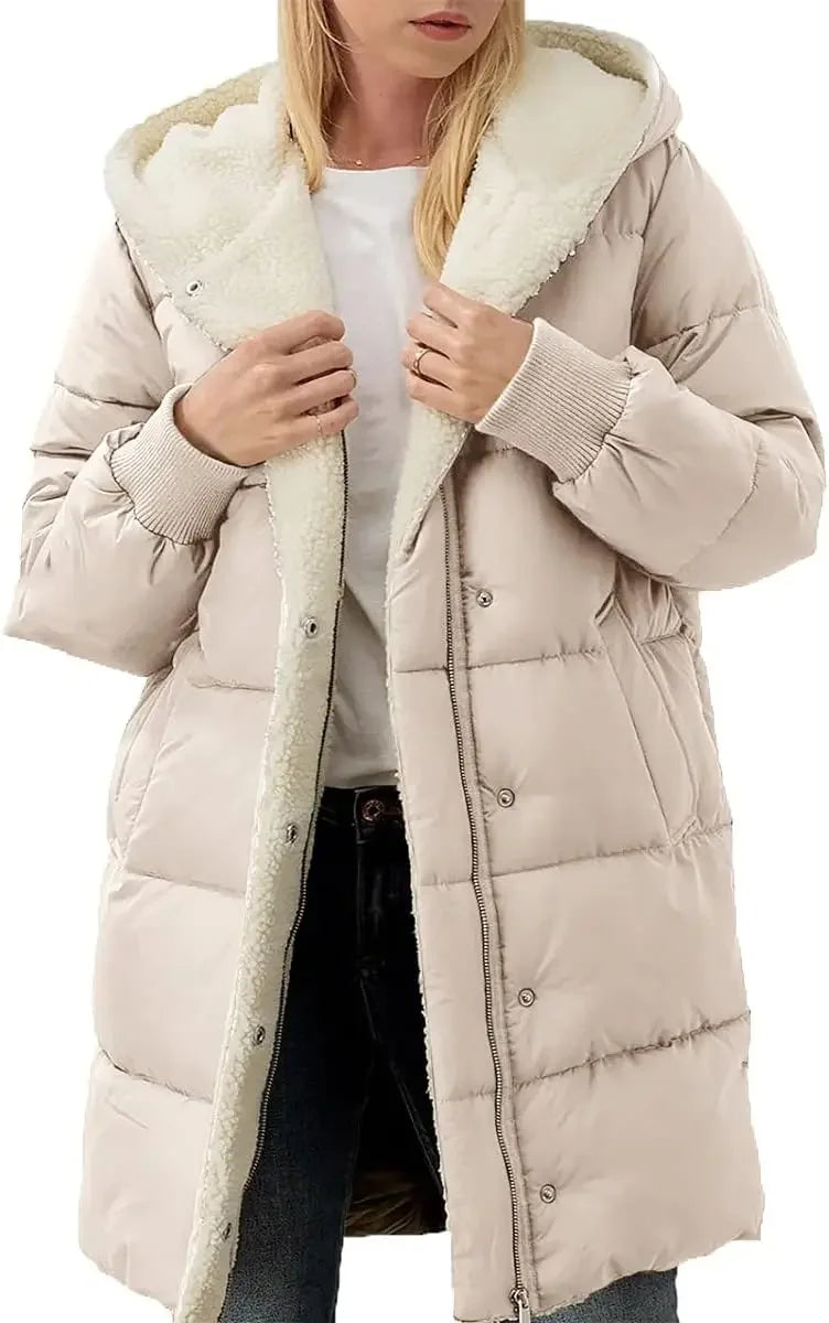 Womens Winter Warm Coats Sherpa Fleece Lined Long Hooded Puffer Jacket