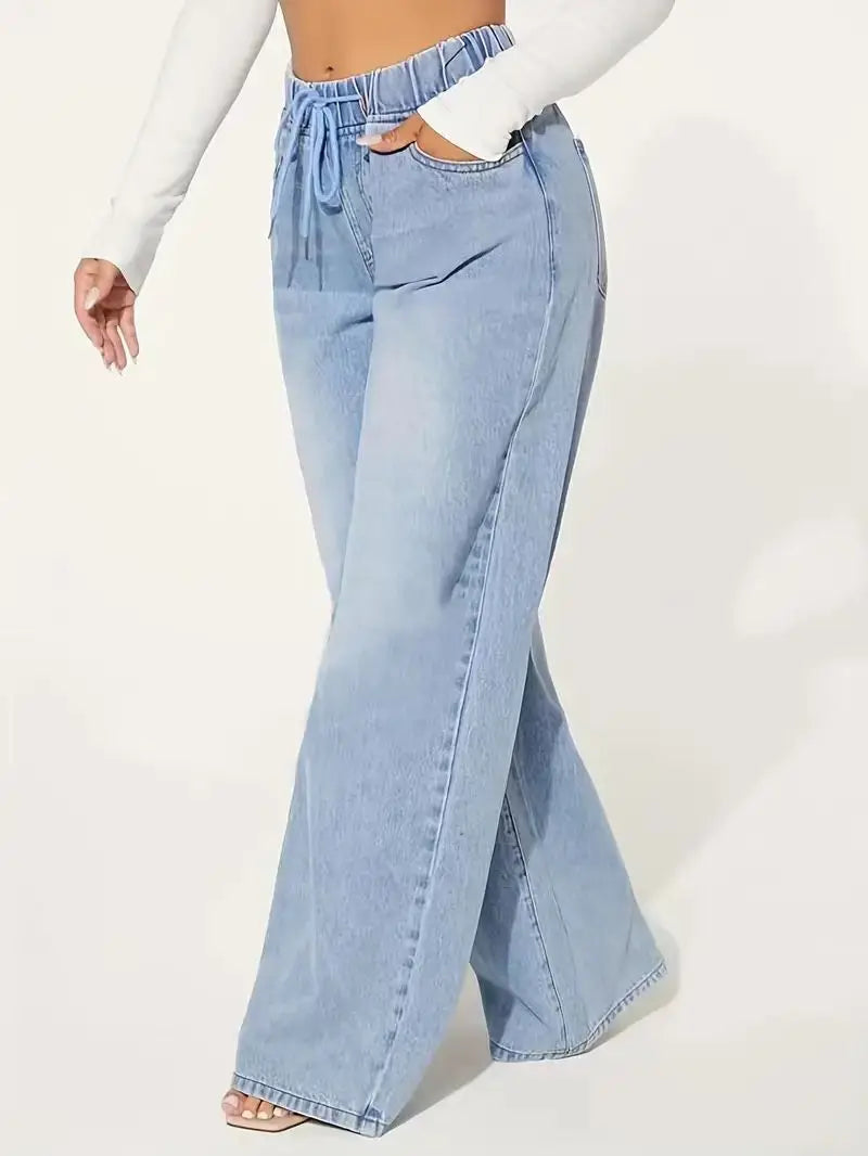Women's high-waisted blue elastic waist pants, loose wide-leg comfortable straight-leg jeans