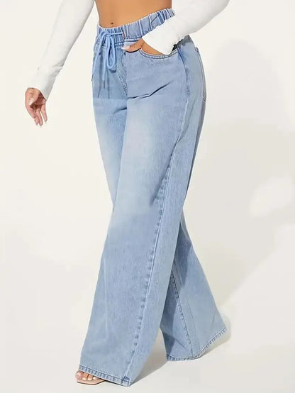 Women's high-waisted blue elastic waist pants, loose wide-leg comfortable straight-leg jeans