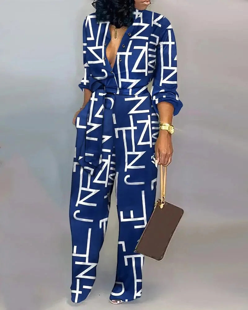 Women Fashion Letter Print Long Sleeve Jumpsuit Spring Button One Piece Overalls Streetwear Autumn Elegant Office Lady Playsuit