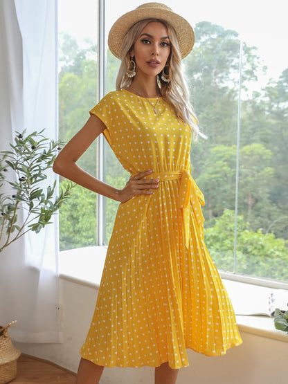 Women Short Sleeve Polka Dot Print Midi Dresses