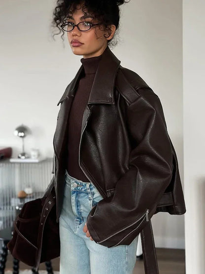 Brown Lapel Leather Bomber Jacket Women's Fashion Full Sleeve Zipper Pocket Lace Up Belt Coat 2025 Autumn High Street Outerwear