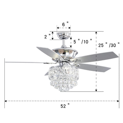 KOMORE  Modern 52 Inch Crystal 3-Light Ceiling Fan with Remote, 5 Blades for Office, Living Room, Bedroom