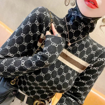Women Slim Turtleneck Commute Warm Knitted Pullover Autumn Winter Vintage Soft Elastic Striped Letter Jacquard Sweaters