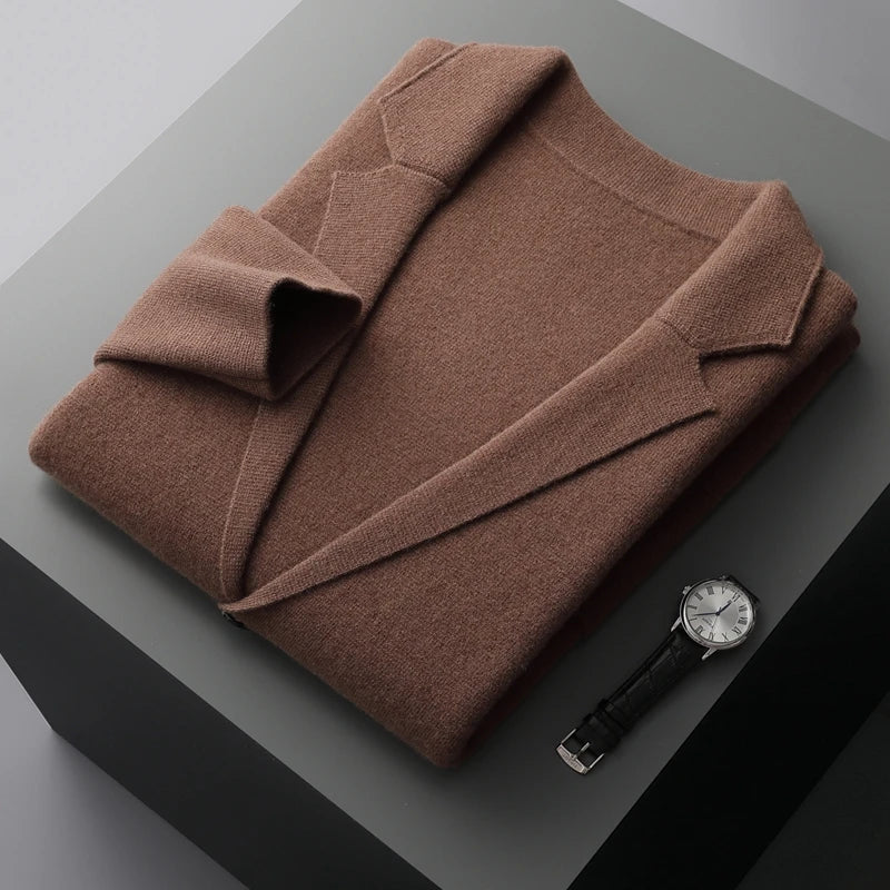 Autumn Winter New 100% Merino Wool Men's Suit Collar Knitted Cardigan Thickened Solid Color Suit Shirt Cashmere Sweater Jacket