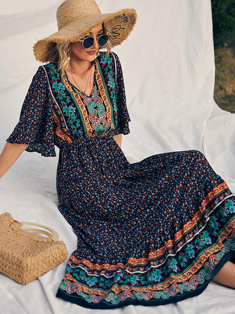 Boho Retro Printed Long Beach Dress Summer Women Flare Short Sleeve V Neck Summer A-Line Dress 2022 Party Elegant Dress