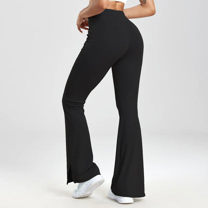 V-shaped Split Flared Pants Women Pockets Leggings Solid Color High Waist Casual Simple Style Pants Daily Office Elastic Legging
