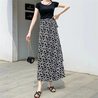 High Waist Long Skirt  Wrap Dress Asymmetrical Hem Chiffon Floral Print Belted Midi Skirt for Short Women Summer Dress